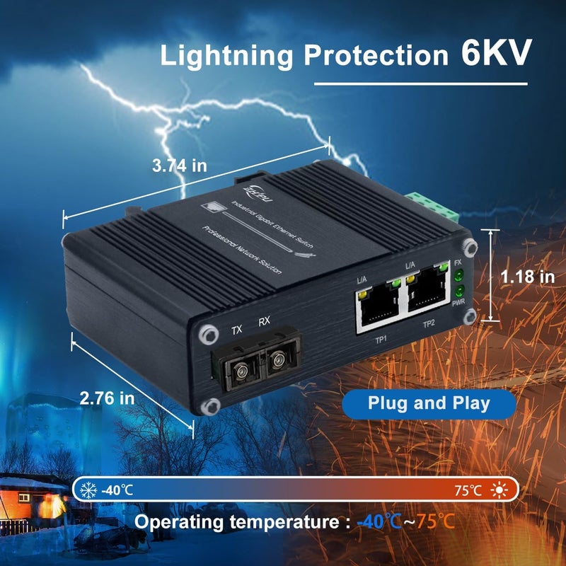 Lcantve Industrial 1.25G SC Fiber to Ethernet Media Converter Up to 20KM, 1x1310nm Single-Mode SC Port to 2X 10/100/1000Base-T RJ45 Gigabit 2 Port Fiber Switch, 12~48V DC Power Input，DIN-Rail Support - Image 5